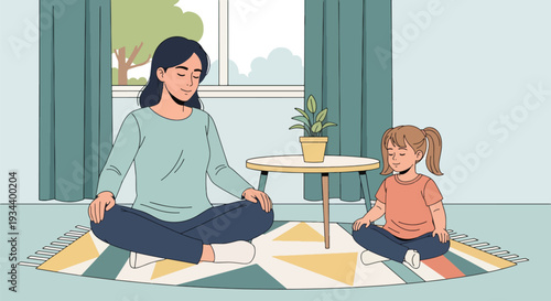 Modern vector illustration of parent teaching breathing exercise to child for anger control. Emotional regulation and mindful parenting concept for healthy development