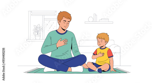 Modern vector illustration of parent teaching breathing exercise to child for anger control. Emotional regulation and mindful parenting concept for healthy development