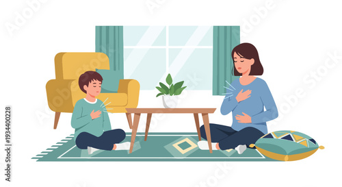Modern vector illustration of parent teaching breathing exercise to child for anger control. Emotional regulation and mindful parenting concept for healthy development