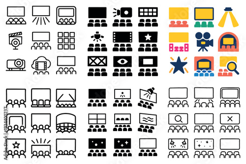 Cinema icons with screen projector camera flat