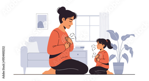 Modern vector illustration of parent teaching breathing exercise to child for anger control. Emotional regulation and mindful parenting concept for healthy development