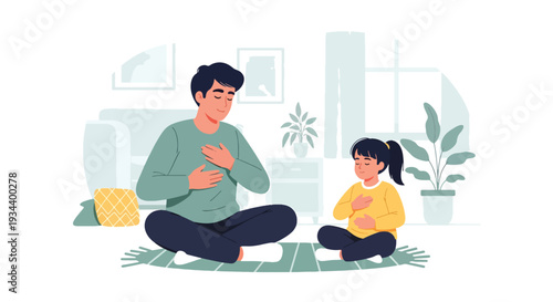 Modern vector illustration of parent teaching breathing exercise to child for anger control. Emotional regulation and mindful parenting concept for healthy development