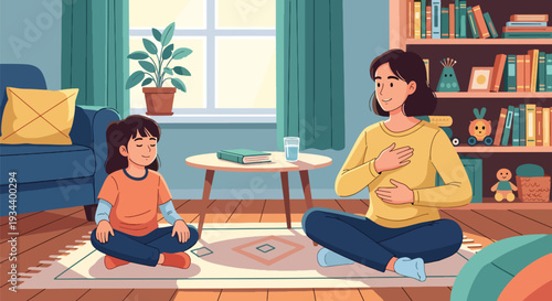 Modern vector illustration of parent teaching breathing exercise to child for anger control. Emotional regulation and mindful parenting concept for healthy development