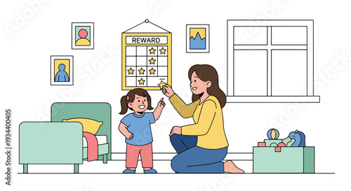 Modern vector illustration of mother praising child with reward star chart. Positive reinforcement parenting concept for motivation, confidence and healthy childhood development