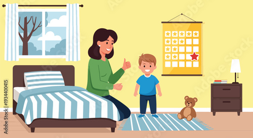 Modern vector illustration of mother praising child with reward star chart. Positive reinforcement parenting concept for motivation, confidence and healthy childhood development