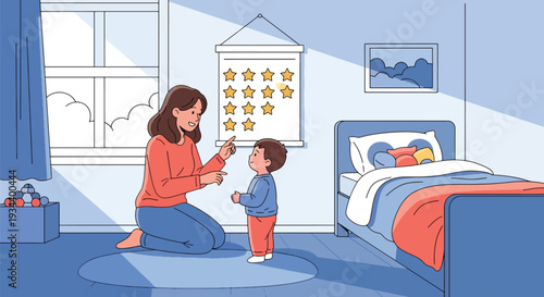 Modern vector illustration of mother praising child with reward star chart. Positive reinforcement parenting concept for motivation, confidence and healthy childhood development