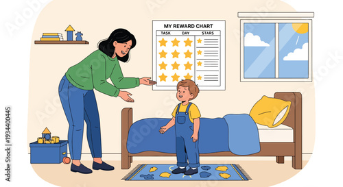 Modern vector illustration of mother praising child with reward star chart. Positive reinforcement parenting concept for motivation, confidence and healthy childhood development