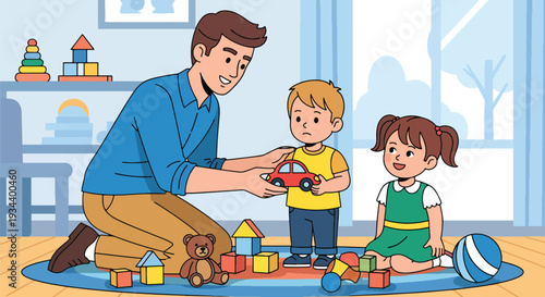 Modern vector illustration of parent teaching child to share toys with friend. Social skills development and empathy education concept for positive parenting and healthy childhood growth