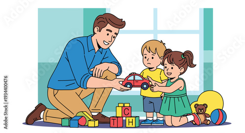 Modern vector illustration of parent teaching child to share toys with friend. Social skills development and empathy education concept for positive parenting and healthy childhood growth