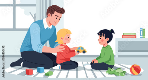 Modern vector illustration of parent teaching child to share toys with friend. Social skills development and empathy education concept for positive parenting and healthy childhood growth