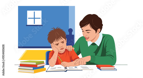 Modern vector illustration of child frustrated with homework while parent patiently guides. Learning difficulty support and positive parenting education concept for academic development