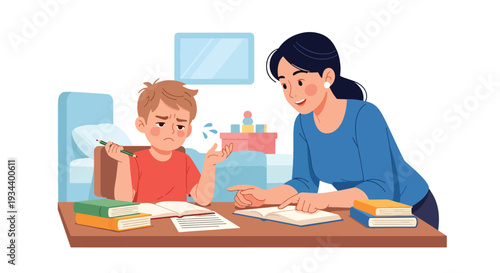 Modern vector illustration of child frustrated with homework while parent patiently guides. Learning difficulty support and positive parenting education concept for academic development