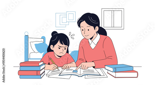 Modern vector illustration of child frustrated with homework while parent patiently guides. Learning difficulty support and positive parenting education concept for academic development