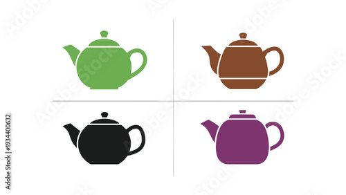 Four stylish teapots in different colors arranged in a grid layout
