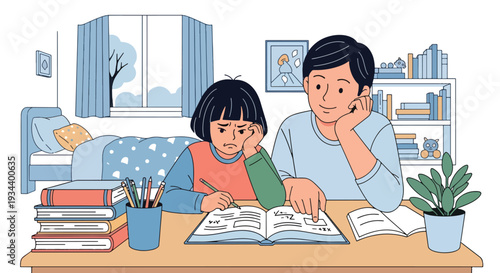 Modern vector illustration of child frustrated with homework while parent patiently guides. Learning difficulty support and positive parenting education concept for academic development