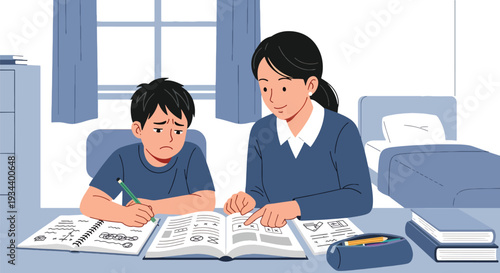 Modern vector illustration of child frustrated with homework while parent patiently guides. Learning difficulty support and positive parenting education concept for academic development