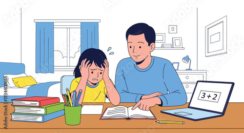 Modern vector illustration of child frustrated with homework while parent patiently guides. Learning difficulty support and positive parenting education concept for academic development
