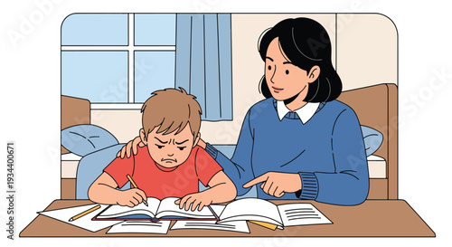 Modern vector illustration of child frustrated with homework while parent patiently guides. Learning difficulty support and positive parenting education concept for academic development