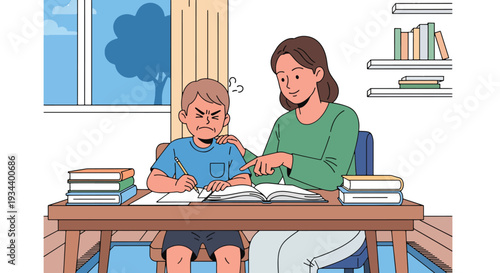 Modern vector illustration of child frustrated with homework while parent patiently guides. Learning difficulty support and positive parenting education concept for academic development