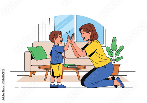 Modern vector illustration of parent giving high five to child after success. Confidence building, motivation and positive parenting concept for healthy emotional development