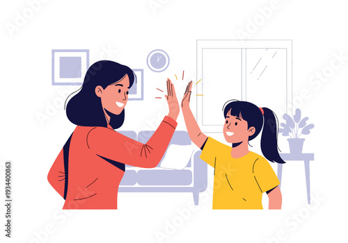 Modern vector illustration of parent giving high five to child after success. Confidence building, motivation and positive parenting concept for healthy emotional development