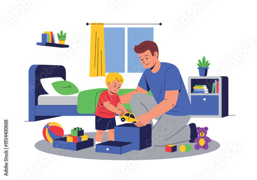 Modern vector illustration of father teaching child to clean messy bedroom. Discipline and responsibility education concept for positive parenting and childhood development