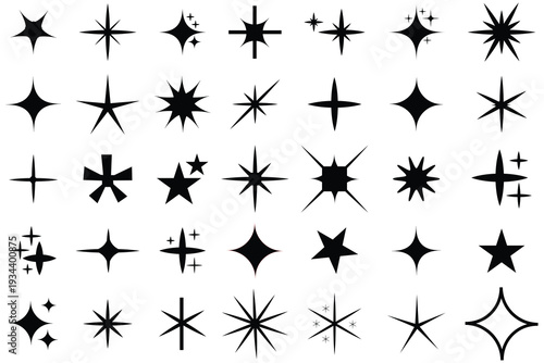 Shining stars icon set. Sparkle stars icons. Twinkle stars collection. Different star shapes. Effect shine, glitter, twinkling and clean. Vector illustration.