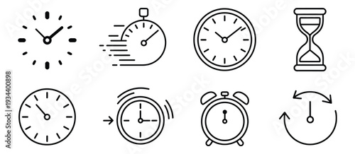Timers and clock icon set, timeline symbol graphics, clock faces, stopwatch, hourglass, time measurement vector elements illustration