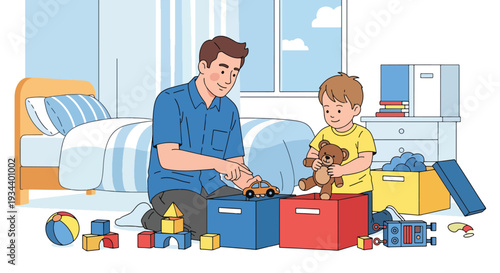 Modern vector illustration of father teaching child to clean messy bedroom. Discipline and responsibility education concept for positive parenting and childhood development