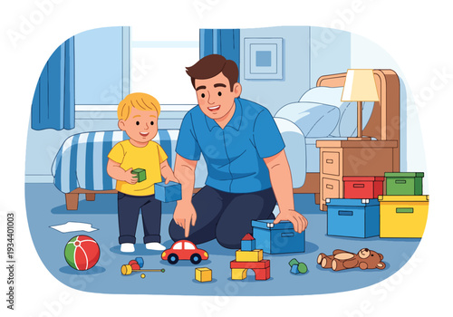Modern vector illustration of father teaching child to clean messy bedroom. Discipline and responsibility education concept for positive parenting and childhood development