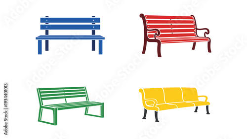 Four colorful park benches displayed in a grid layout