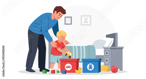 Modern vector illustration of father teaching child to clean messy bedroom. Discipline and responsibility education concept for positive parenting and childhood development