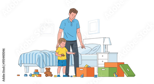 Modern vector illustration of father teaching child to clean messy bedroom. Discipline and responsibility education concept for positive parenting and childhood development