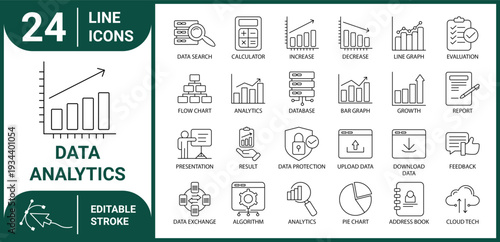24 Data Analytics Line Icons Set. Editable Stroke Business Graph, Chart, Database, Report & Cloud Technology Vector Collection