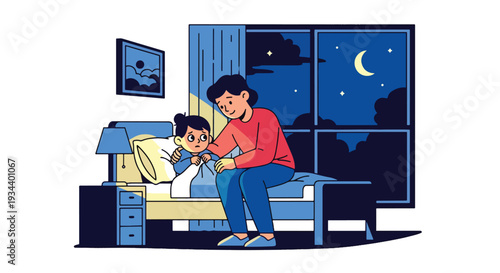 Modern vector illustration of parent comforting child afraid of darkness in bedroom. Emotional safety and supportive parenting concept for mental wellbeing and family bonding
