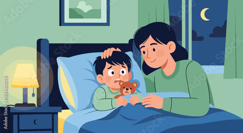 Modern vector illustration of parent comforting child afraid of darkness in bedroom. Emotional safety and supportive parenting concept for mental wellbeing and family bonding