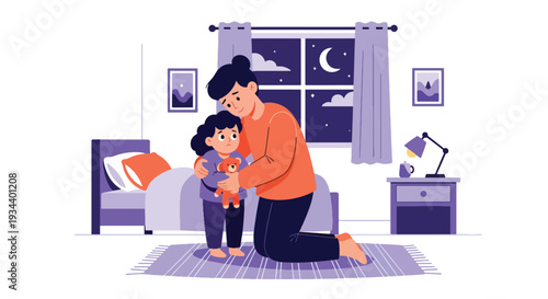 Modern vector illustration of parent comforting child afraid of darkness in bedroom. Emotional safety and supportive parenting concept for mental wellbeing and family bonding