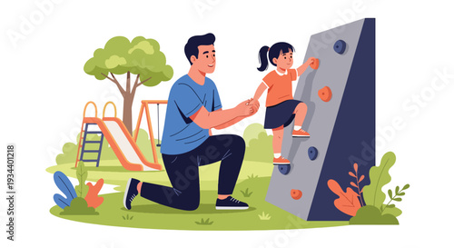 Modern vector illustration of father encouraging child in playground. Resilience, growth mindset and positive parenting concept for emotional strength and confidence building