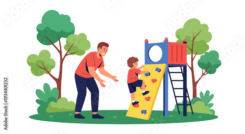Modern vector illustration of father encouraging child in playground. Resilience, growth mindset and positive parenting concept for emotional strength and confidence building