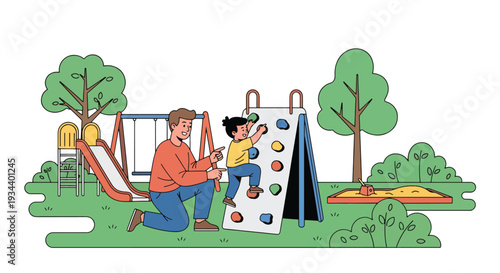 Modern vector illustration of father encouraging child in playground. Resilience, growth mindset and positive parenting concept for emotional strength and confidence building