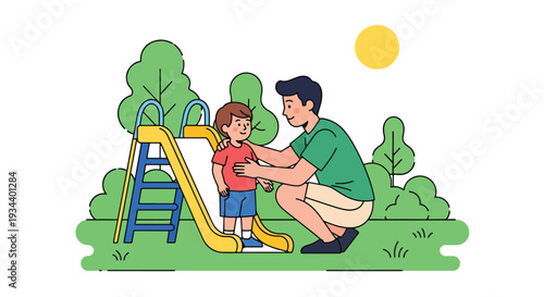 Modern vector illustration of father encouraging child in playground. Resilience, growth mindset and positive parenting concept for emotional strength and confidence building