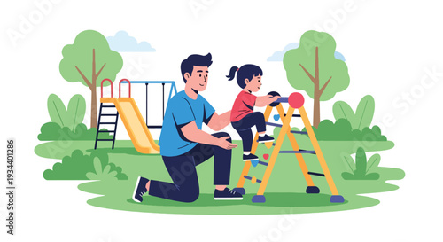 Modern vector illustration of father encouraging child in playground. Resilience, growth mindset and positive parenting concept for emotional strength and confidence building