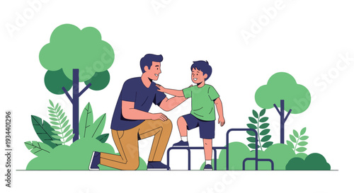 Modern vector illustration of father encouraging child in playground. Resilience, growth mindset and positive parenting concept for emotional strength and confidence building
