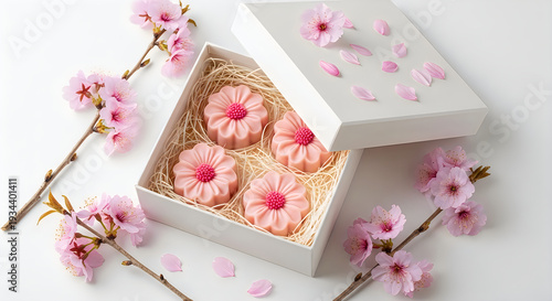 Pink flower shaped soap bars in a white gift box with cherry blossoms