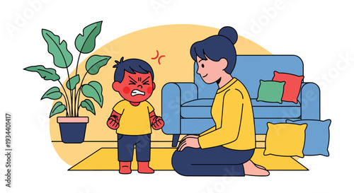 Modern vector illustration of child expressing anger while parent calmly listens. Healthy communication and emotional support parenting concept for child mental wellbeing