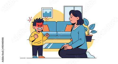 Modern vector illustration of child expressing anger while parent calmly listens. Healthy communication and emotional support parenting concept for child mental wellbeing