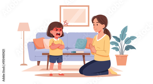 Modern vector illustration of child expressing anger while parent calmly listens. Healthy communication and emotional support parenting concept for child mental wellbeing