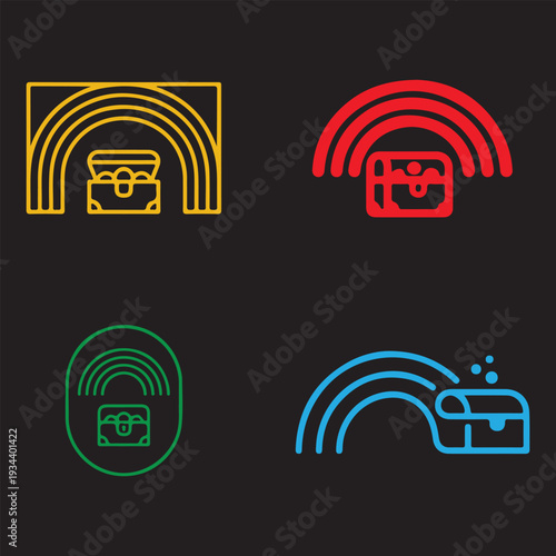 Rainbow and Treasure Chest Icon Set. Vector St. Patrick's Day symbols featuring rectangular, oval, and arched designs in neon outlines on black background