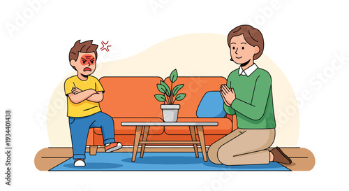 Modern vector illustration of child expressing anger while parent calmly listens. Healthy communication and emotional support parenting concept for child mental wellbeing