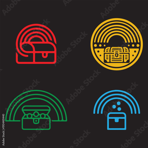 Rainbow and Treasure Chest Icon Set. Vector St. Patrick's Day symbols featuring luck and wealth badges in neon outlines on black background.